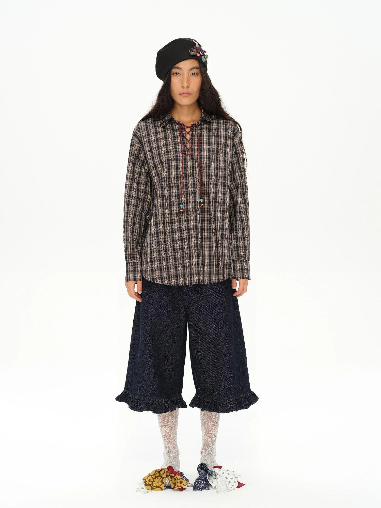 Vintage Knight Tartan Embroidered Shirt Loose Fit Plaid Top