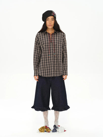 Vintage Knight Tartan Embroidered Shirt Loose Fit Plaid Top