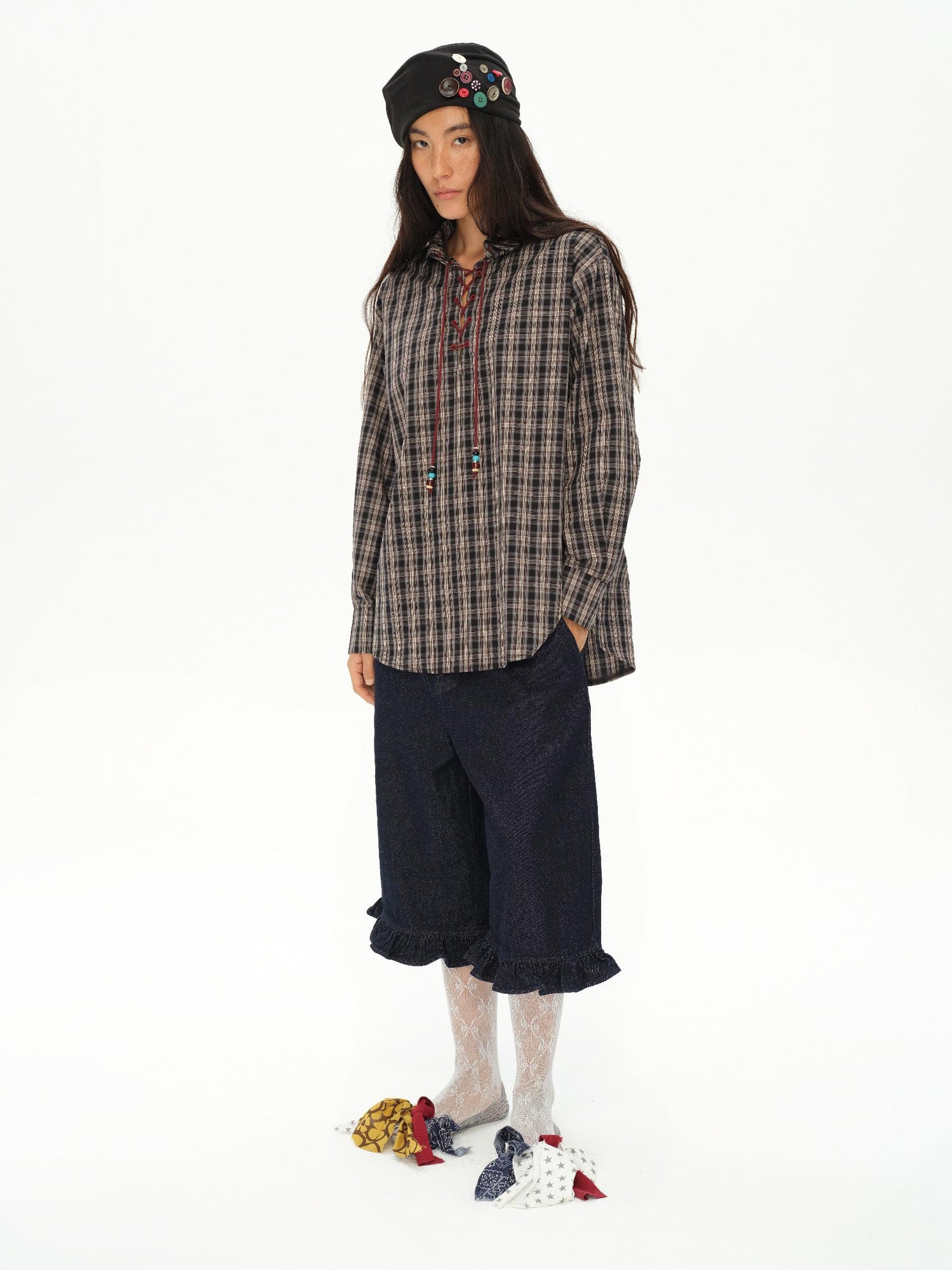 oinimi Vintage Knight Tartan Embroidered Shirt Loose Fit Plaid Top