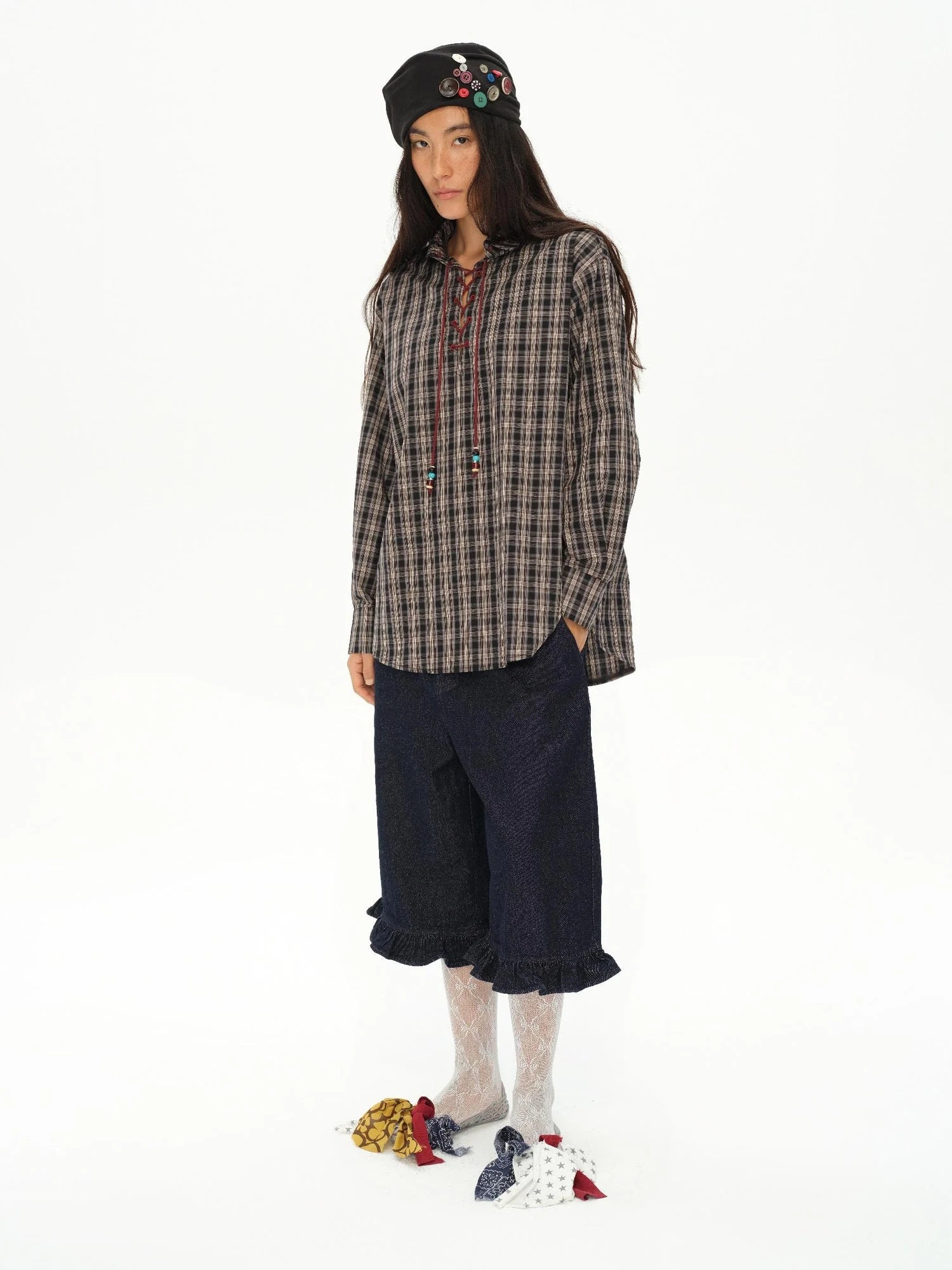 Vintage Knight Tartan Embroidered Shirt Loose Fit Plaid Top