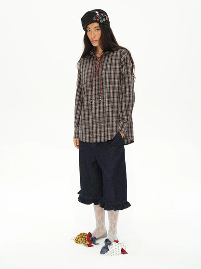 Vintage Knight Tartan Embroidered Shirt Loose Fit Plaid Top