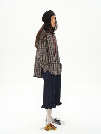 oinimi Vintage Knight Tartan Embroidered Shirt Loose Fit Plaid Top