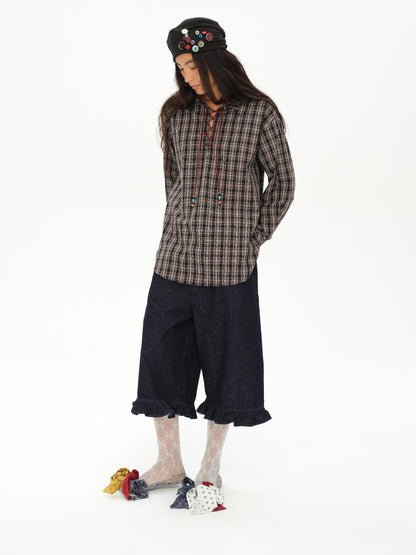 oinimi Vintage Knight Tartan Embroidered Shirt Loose Fit Plaid Top