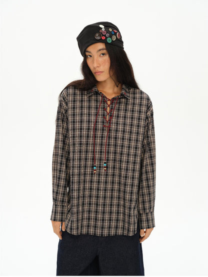 oinimi Vintage Knight Tartan Embroidered Shirt Loose Fit Plaid Top