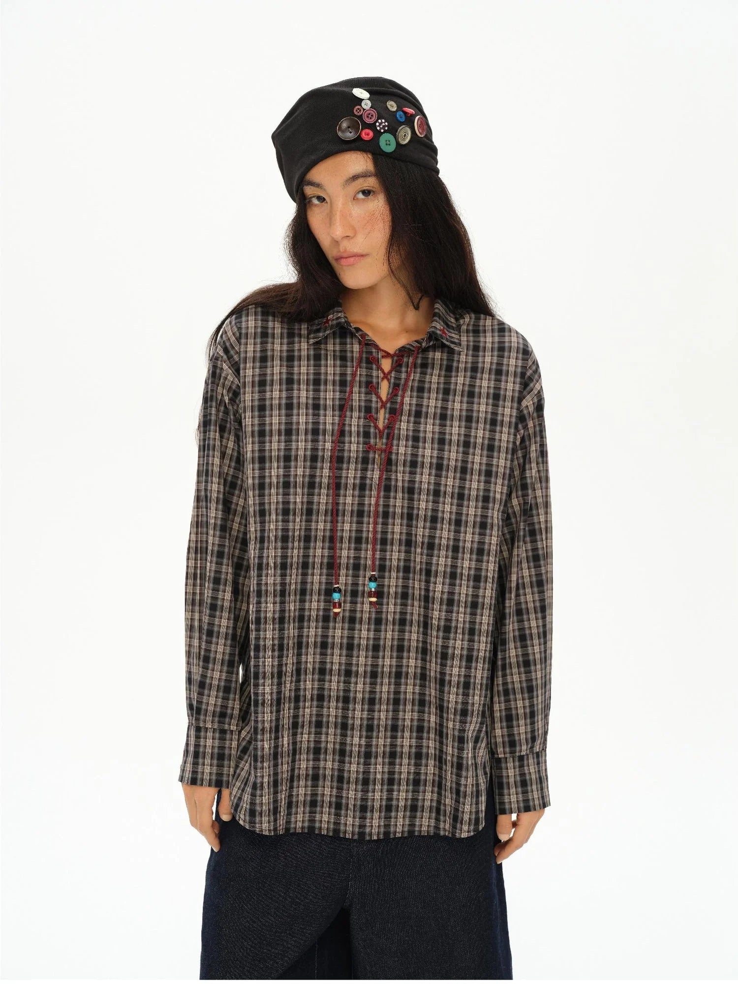 Vintage Knight Tartan Embroidered Shirt Loose Fit Plaid Top