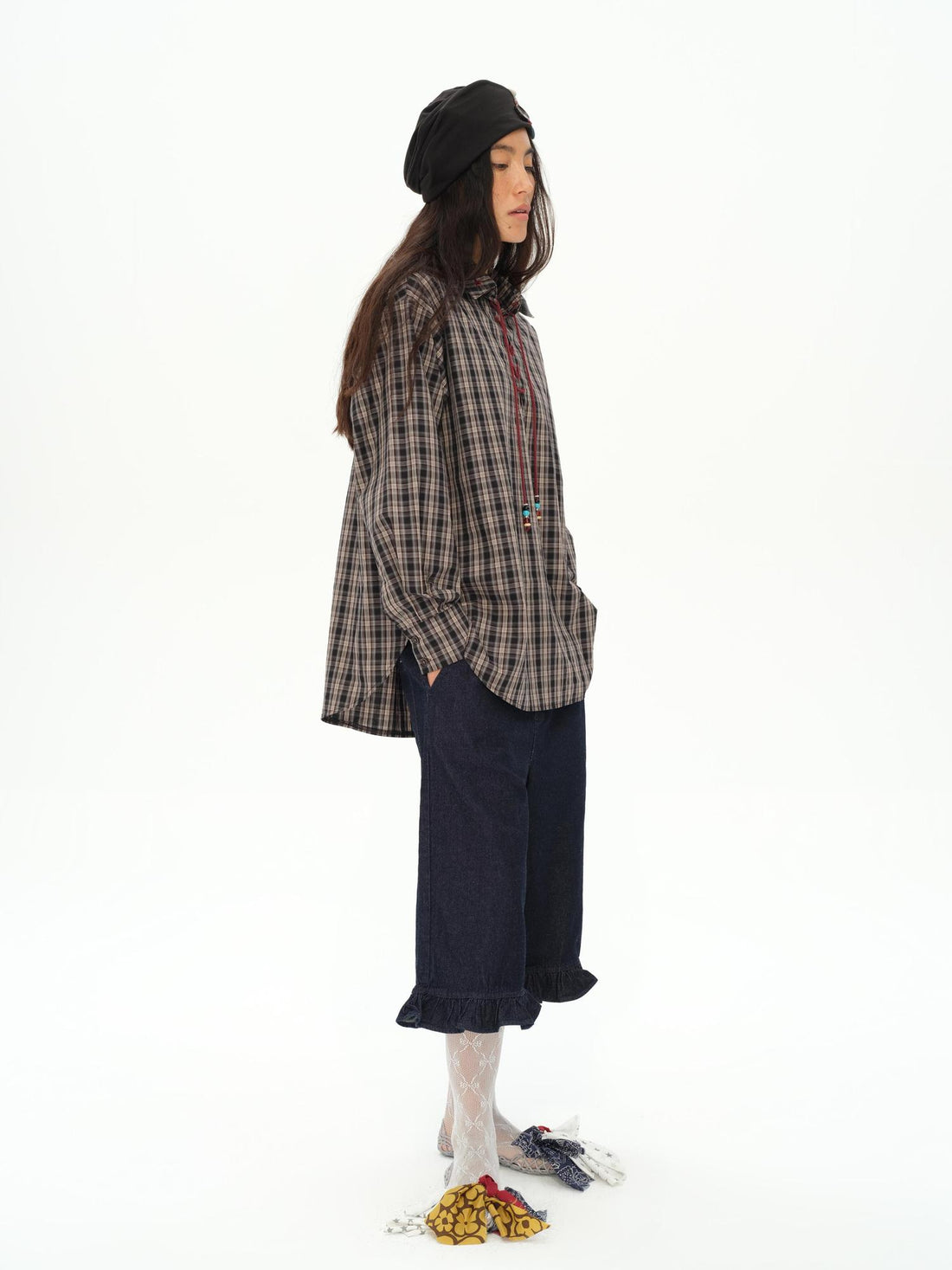 oinimi Vintage Knight Tartan Embroidered Shirt Loose Fit Plaid Top