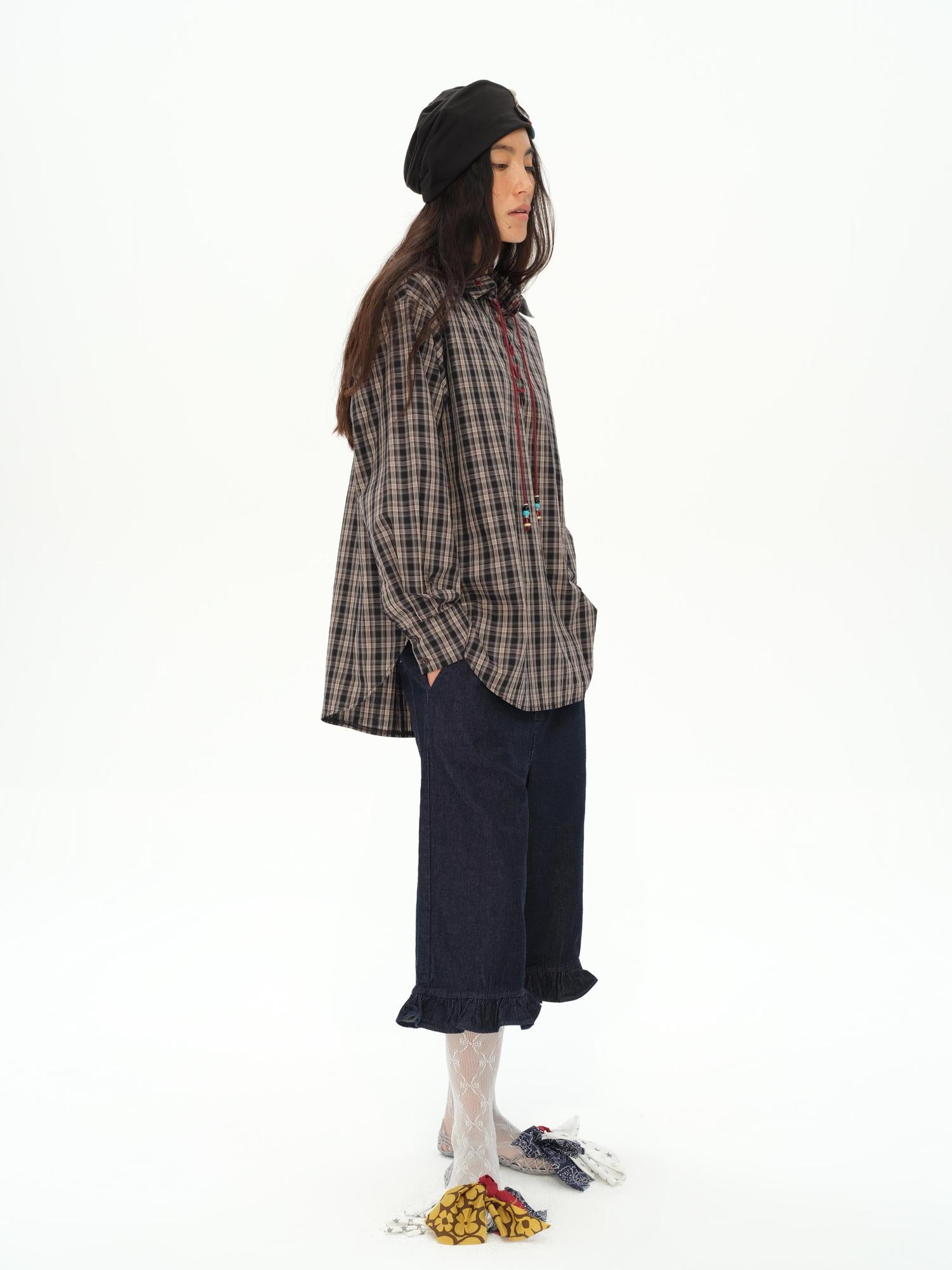oinimi Vintage Knight Tartan Embroidered Shirt Loose Fit Plaid Top