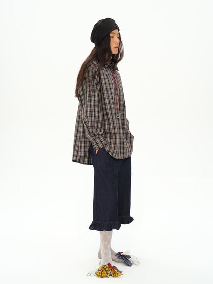 oinimi Vintage Knight Tartan Embroidered Shirt Loose Fit Plaid Top