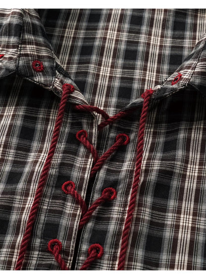 oinimi Vintage Knight Tartan Embroidered Shirt Loose Fit Plaid Top