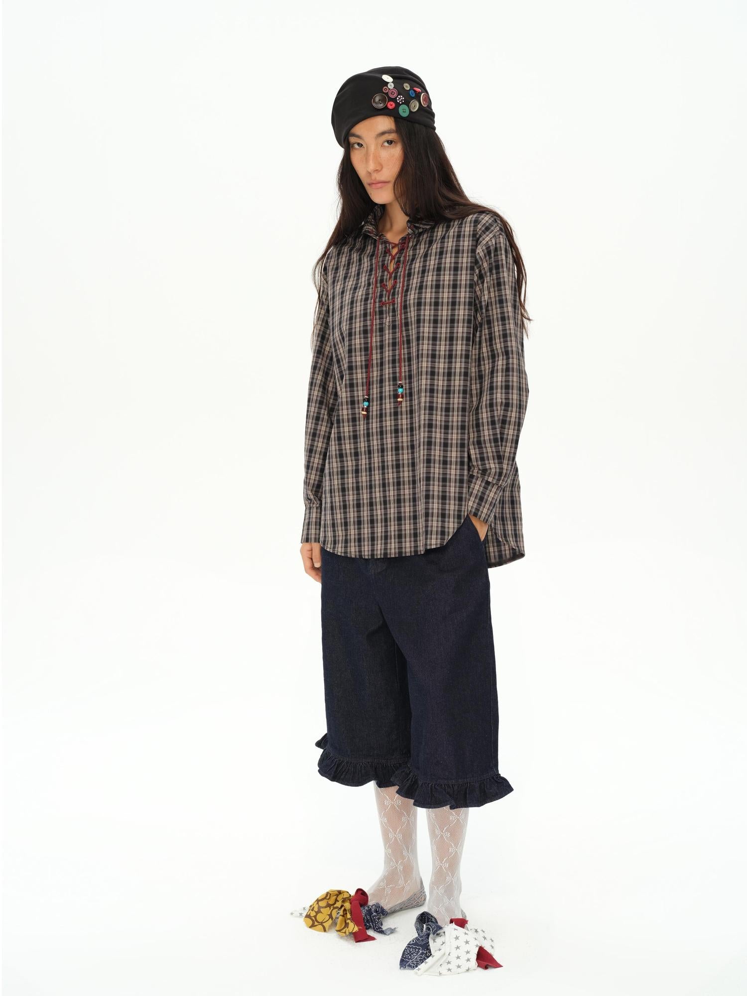 oinimi Vintage Knight Tartan Embroidered Shirt Loose Fit Plaid Top