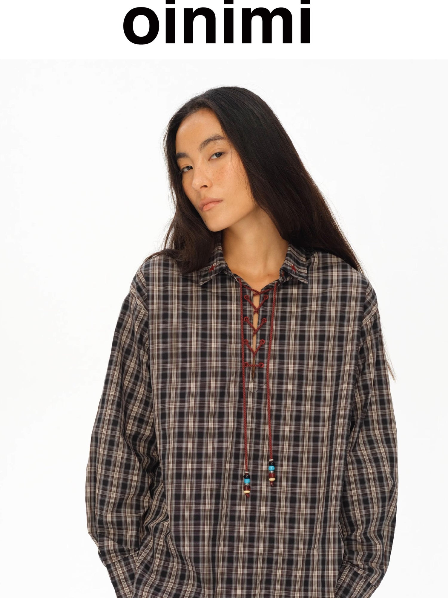 oinimi Vintage Knight Tartan Embroidered Shirt Loose Fit Plaid Top