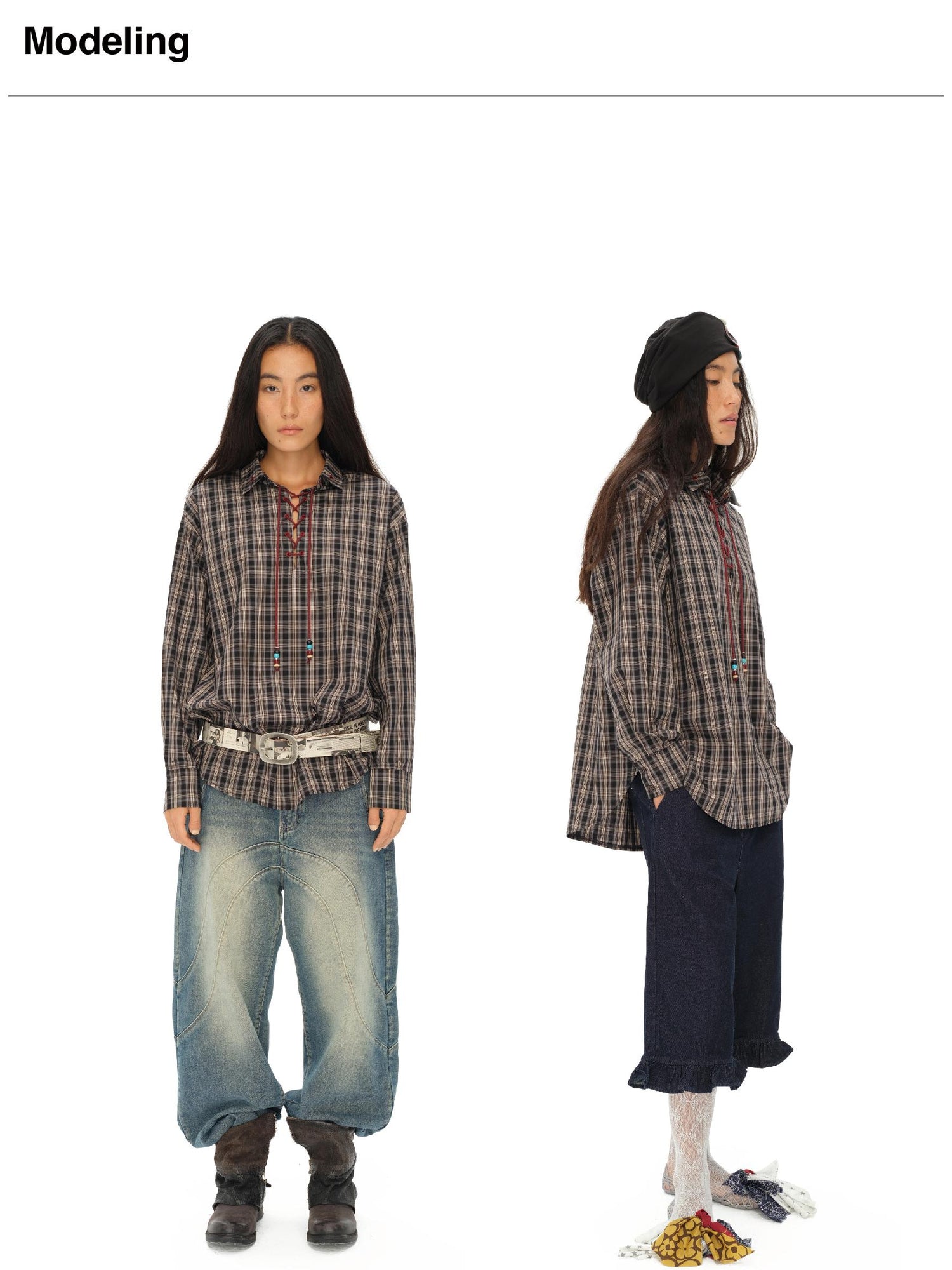 oinimi Vintage Knight Tartan Embroidered Shirt Loose Fit Plaid Top