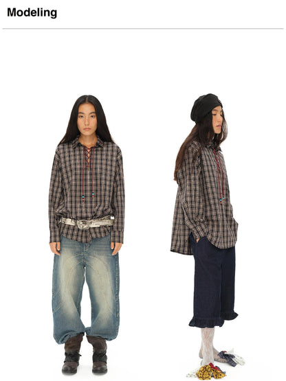 oinimi Vintage Knight Tartan Embroidered Shirt Loose Fit Plaid Top
