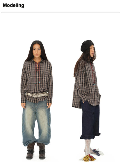 Vintage Knight Tartan Embroidered Shirt Loose Fit Plaid Top