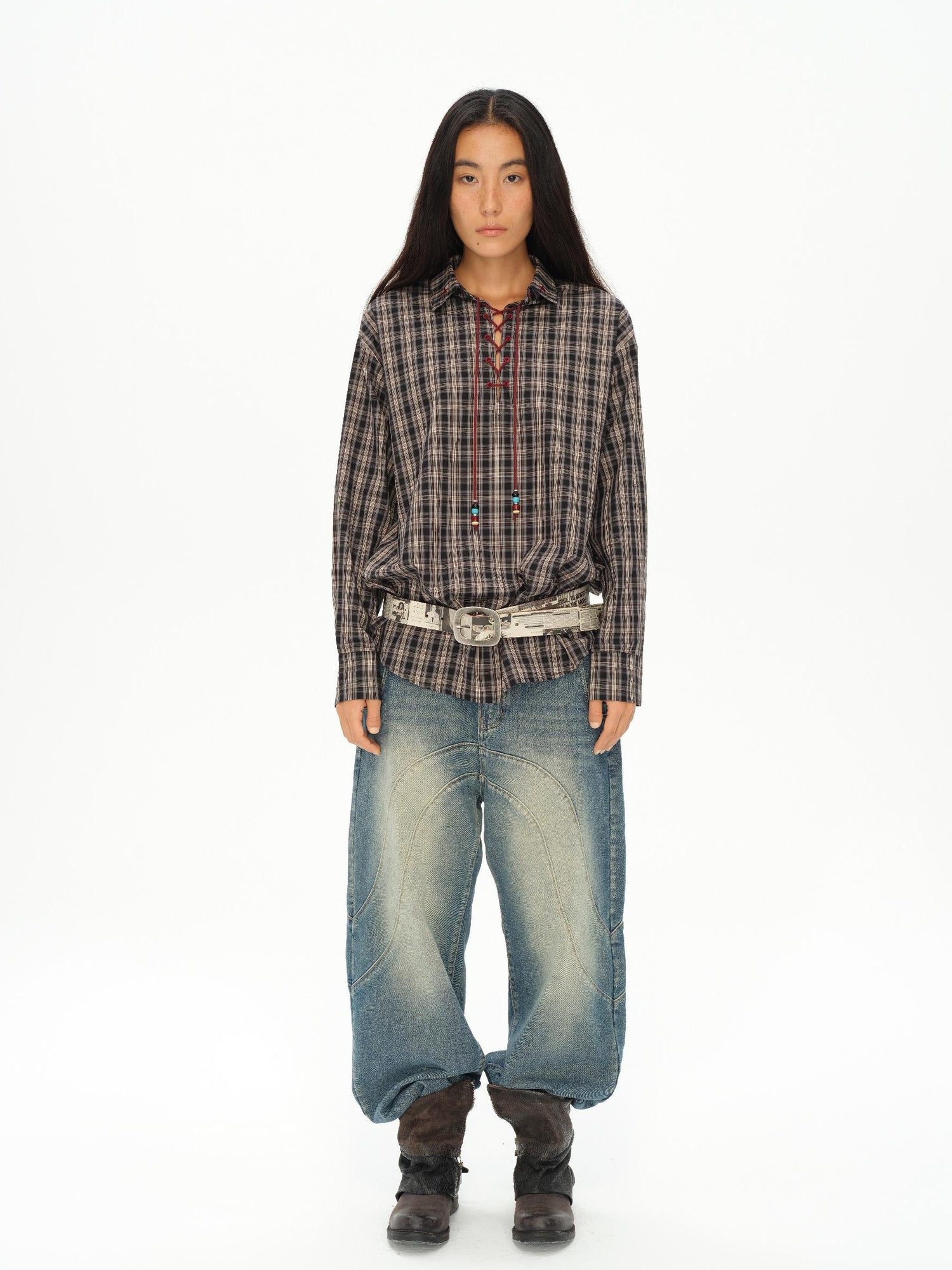 oinimi Vintage Knight Tartan Embroidered Shirt Loose Fit Plaid Top