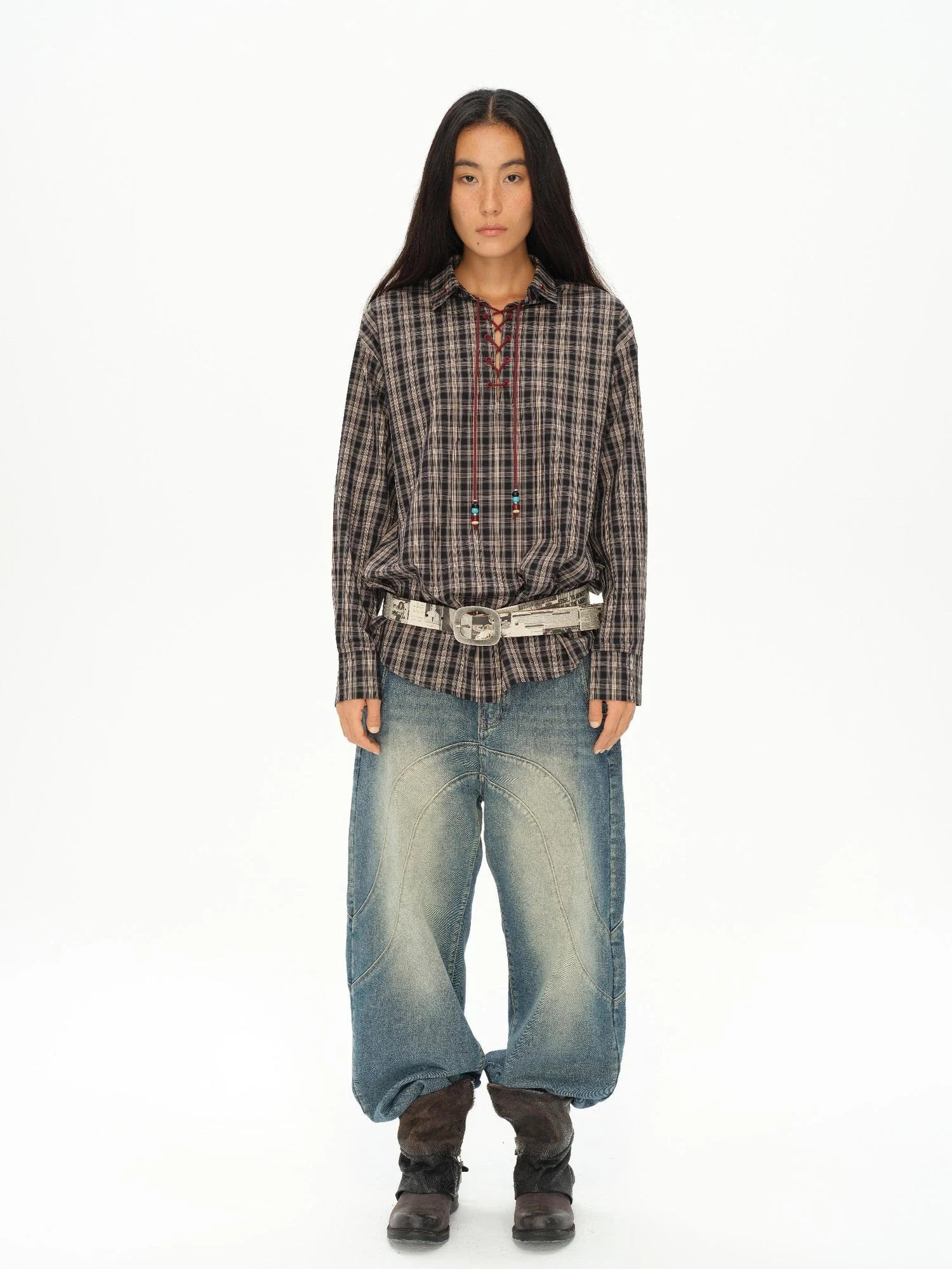 Vintage Knight Tartan Embroidered Shirt Loose Fit Plaid Top