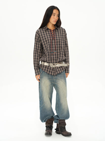 oinimi Vintage Knight Tartan Embroidered Shirt Loose Fit Plaid Top