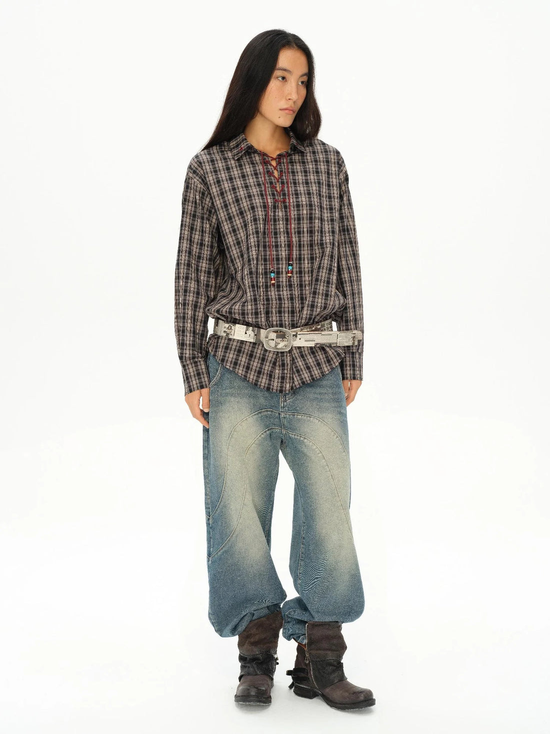 Vintage Knight Tartan Embroidered Shirt Loose Fit Plaid Top