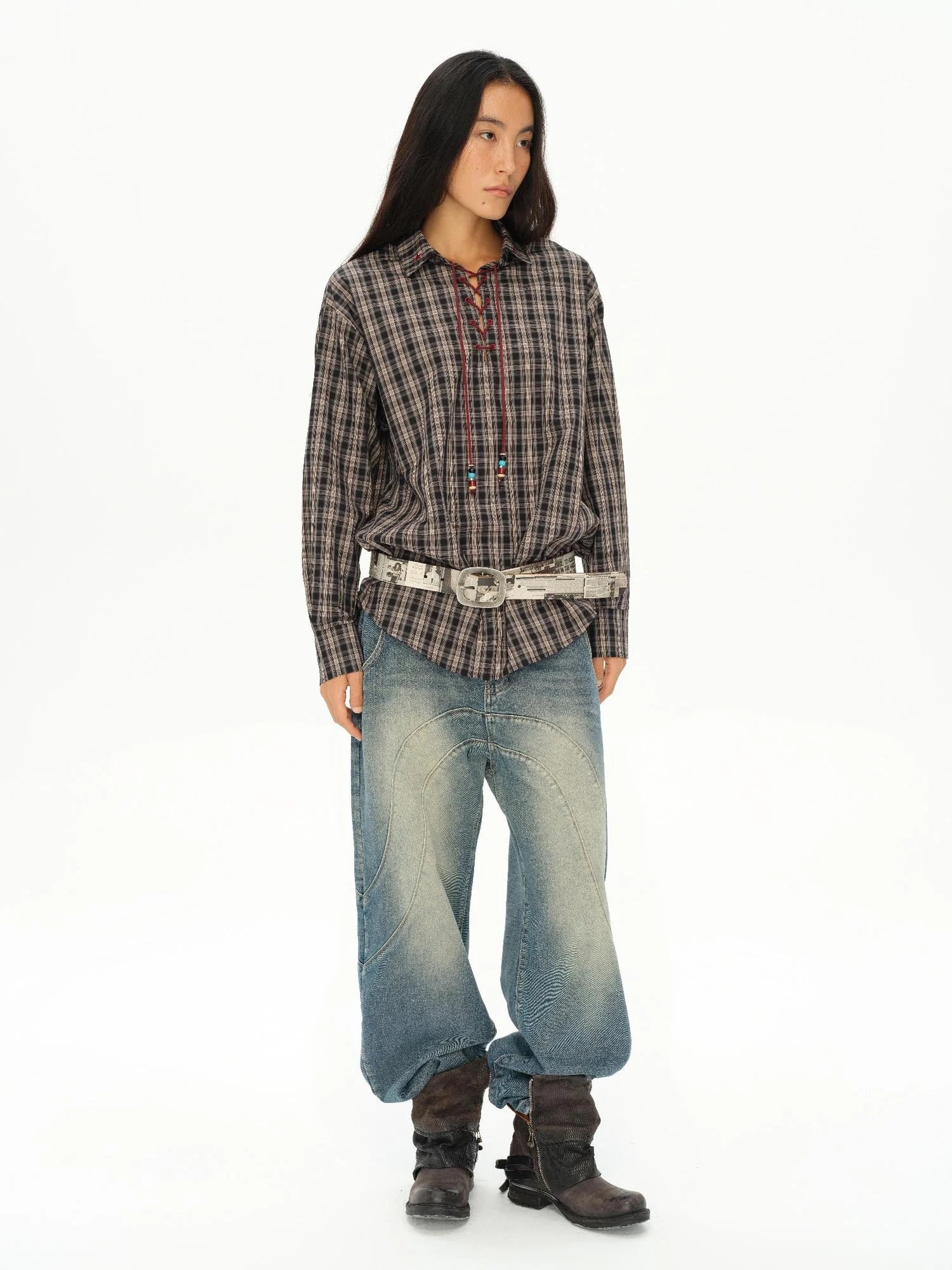 Vintage Knight Tartan Embroidered Shirt Loose Fit Plaid Top