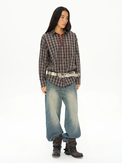 Vintage Knight Tartan Embroidered Shirt Loose Fit Plaid Top