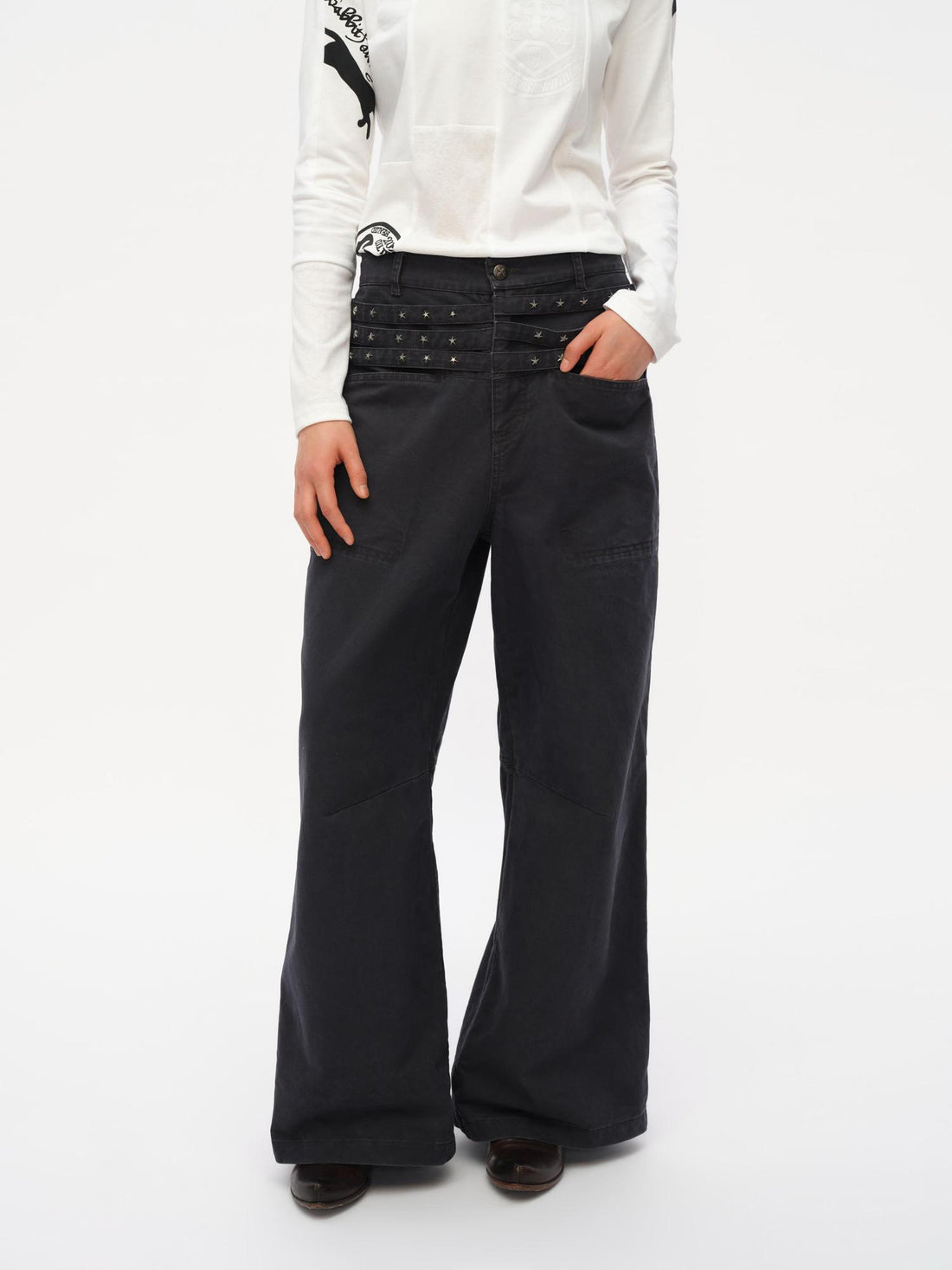 oinimi Vintage Star Track Studded Wide Leg Cargo Pants