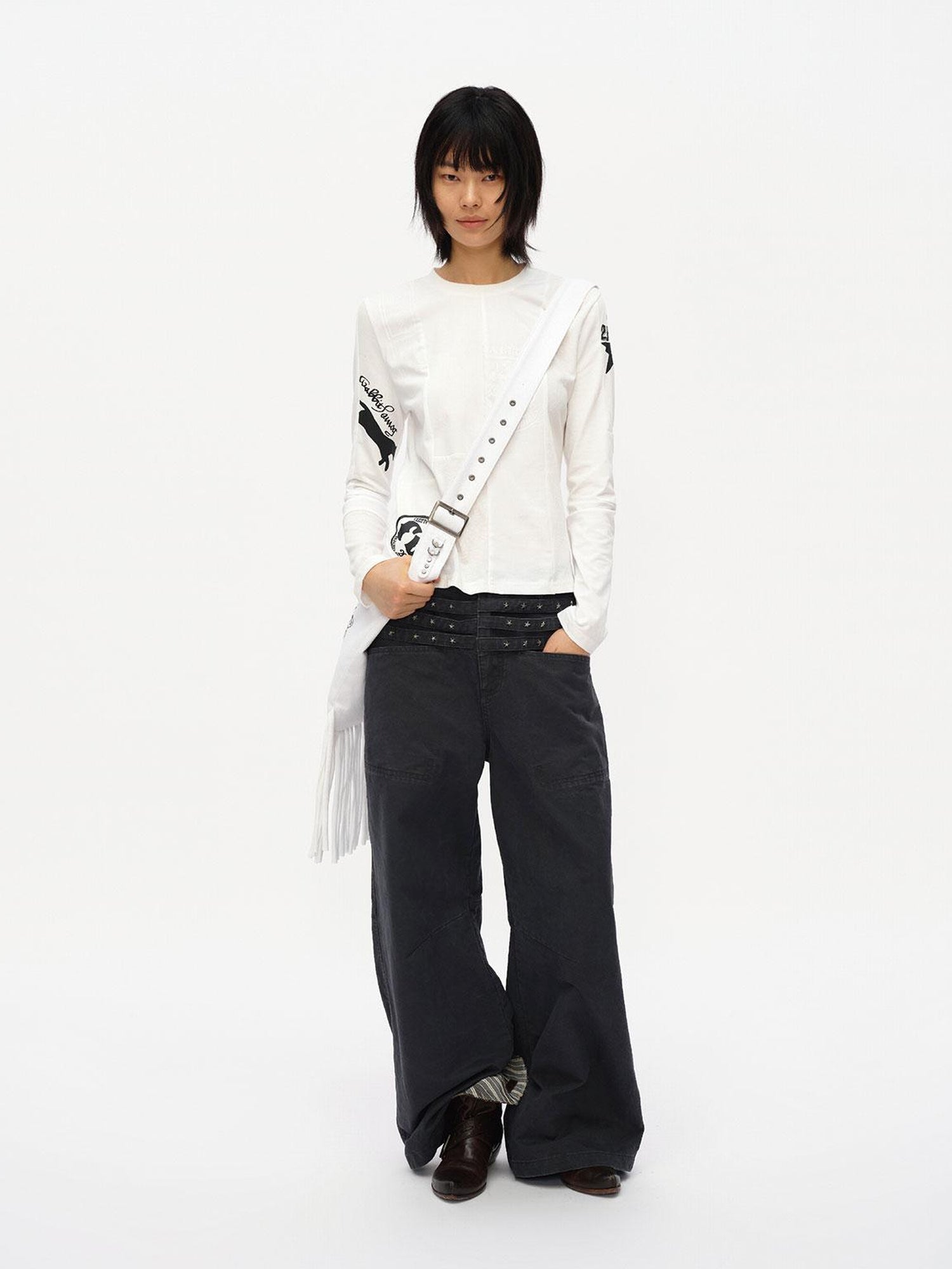 oinimi Vintage Star Track Studded Wide Leg Cargo Pants