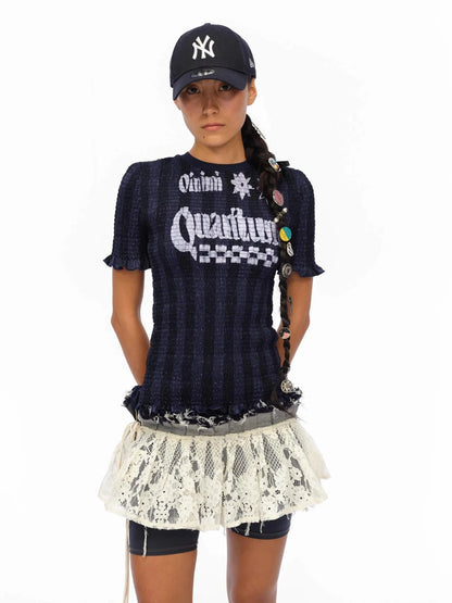 Vintage Striped Ruffle Trim Baseball Tee