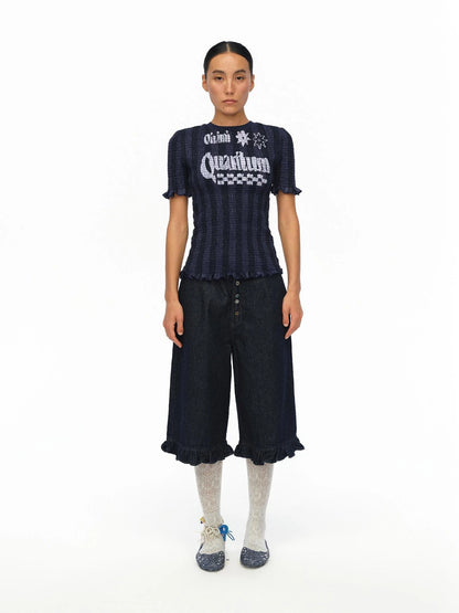 Vintage Striped Ruffle Trim Baseball Tee