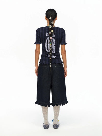 Vintage Striped Ruffle Trim Baseball Tee