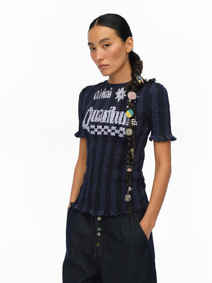 oinimi Vintage Striped Ruffle Trim Baseball Tee