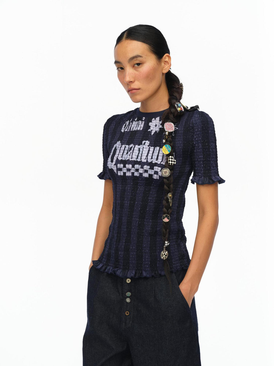 oinimi Vintage Striped Ruffle Trim Baseball Tee