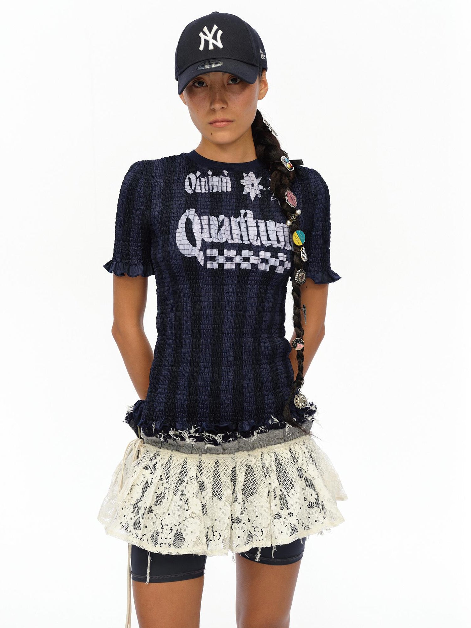 oinimi Vintage Striped Ruffle Trim Baseball Tee