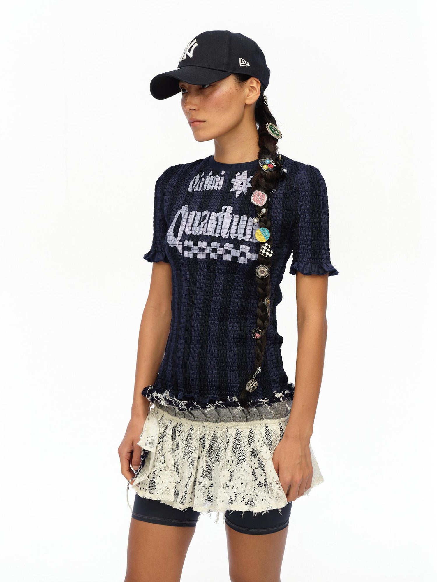 oinimi Vintage Striped Ruffle Trim Baseball Tee