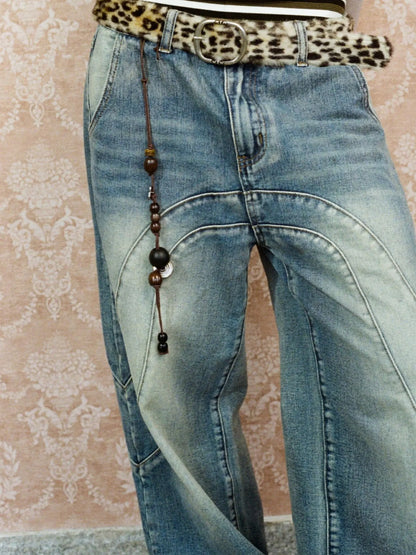Vintage Wash Split Hem Denim Jeans Mid Low Rise Relaxed Straight
