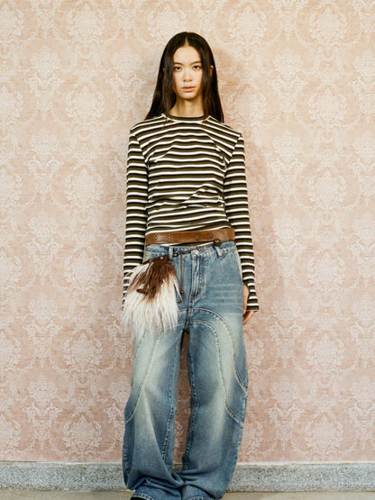oinimi Vintage Wash Split Hem Denim Jeans Mid Low Rise Relaxed Straight