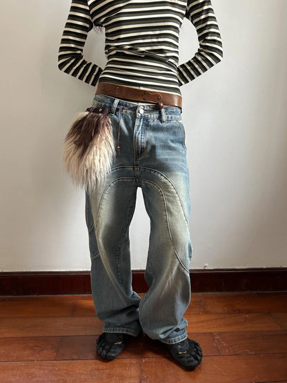 Vintage Wash Split Hem Denim Jeans Mid Low Rise Relaxed Straight