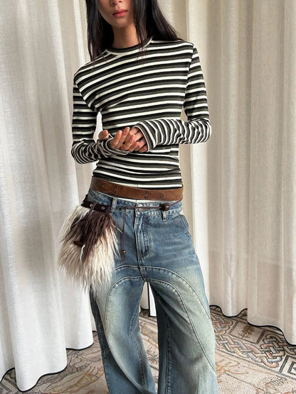 Vintage Wash Split Hem Denim Jeans Mid Low Rise Relaxed Straight