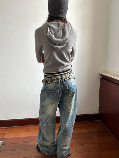 Vintage Wash Split Hem Denim Jeans Mid Low Rise Relaxed Straight