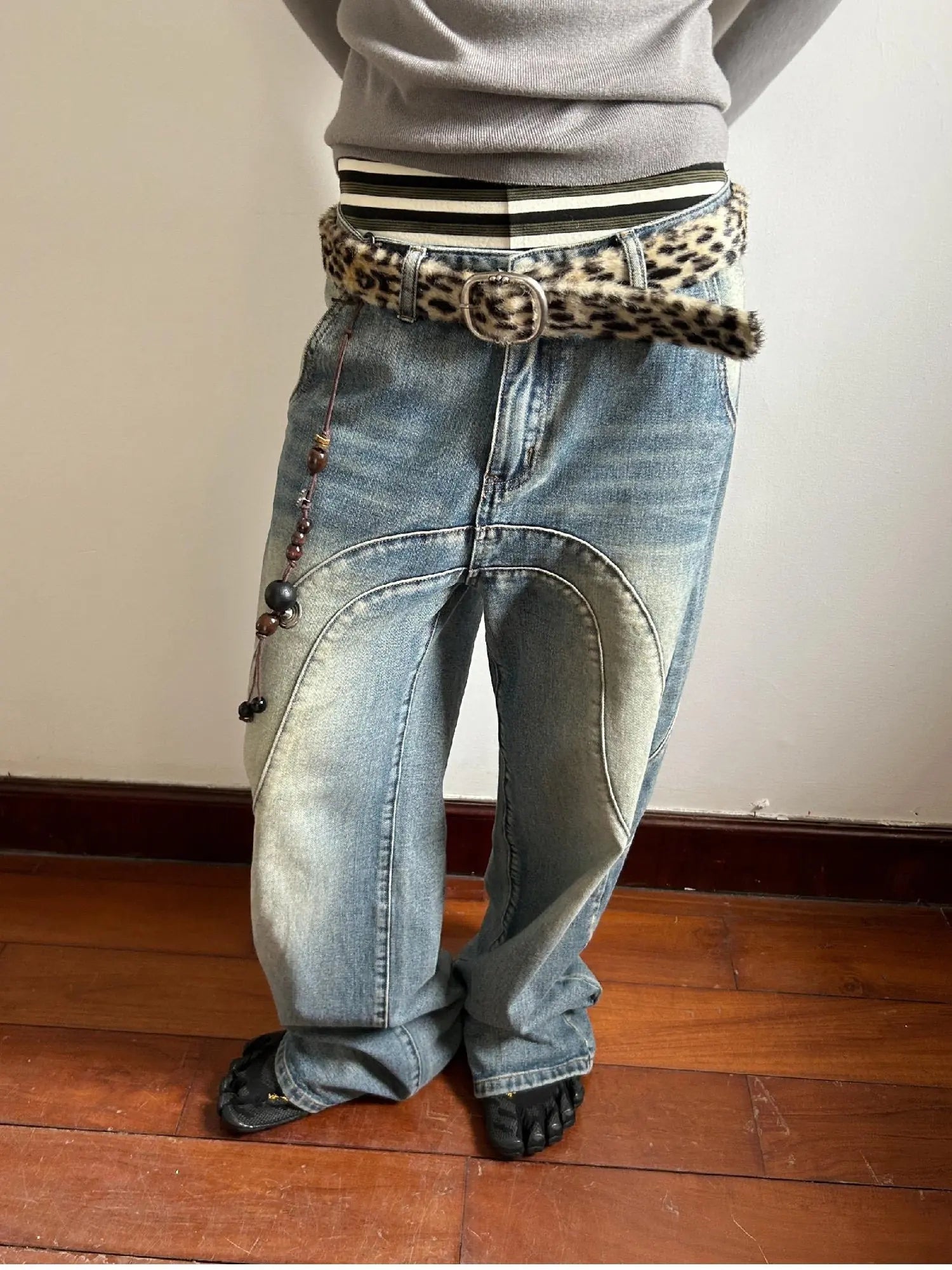 Vintage Wash Split Hem Denim Jeans Mid Low Rise Relaxed Straight