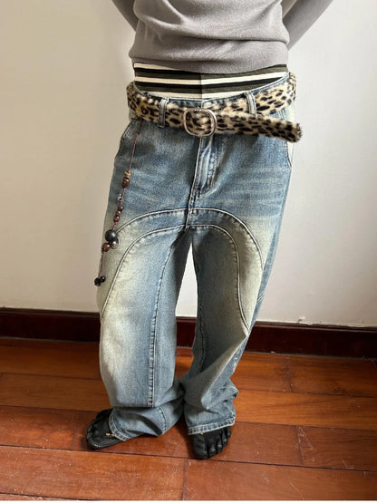 Vintage Wash Split Hem Denim Jeans Mid Low Rise Relaxed Straight