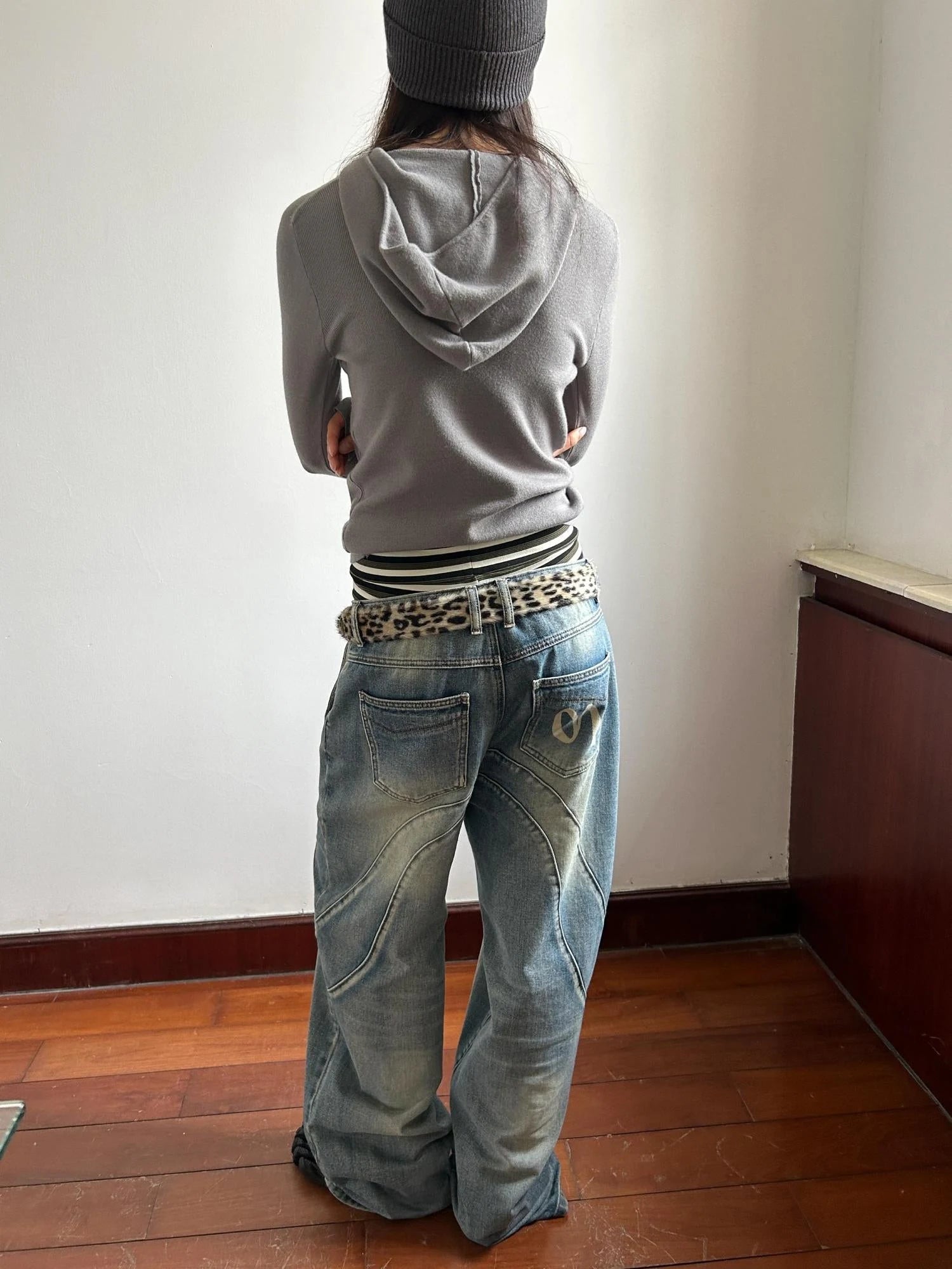 Vintage Wash Split Hem Denim Jeans Mid Low Rise Relaxed Straight