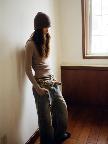 Vintage Wash Split Hem Denim Jeans Mid Low Rise Relaxed Straight