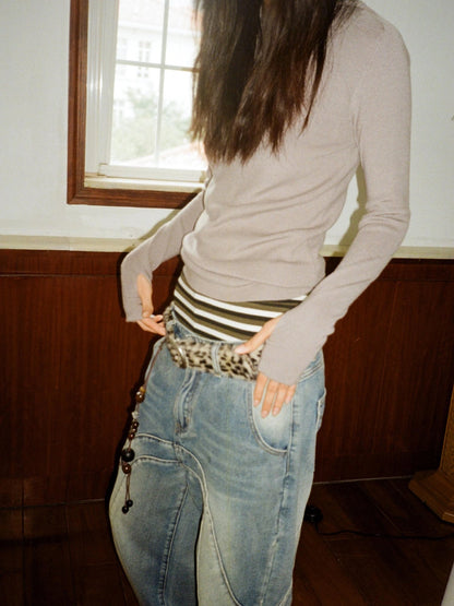 Vintage Wash Split Hem Denim Jeans Mid Low Rise Relaxed Straight