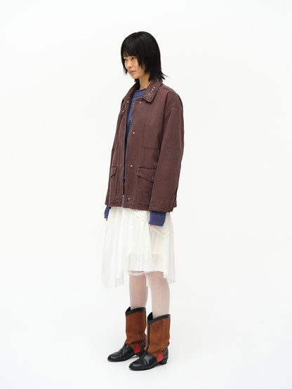 oinimi Vintage Washed Workwear Jacket With Chest Patches