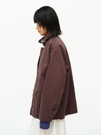 oinimi Vintage Washed Workwear Jacket With Chest Patches