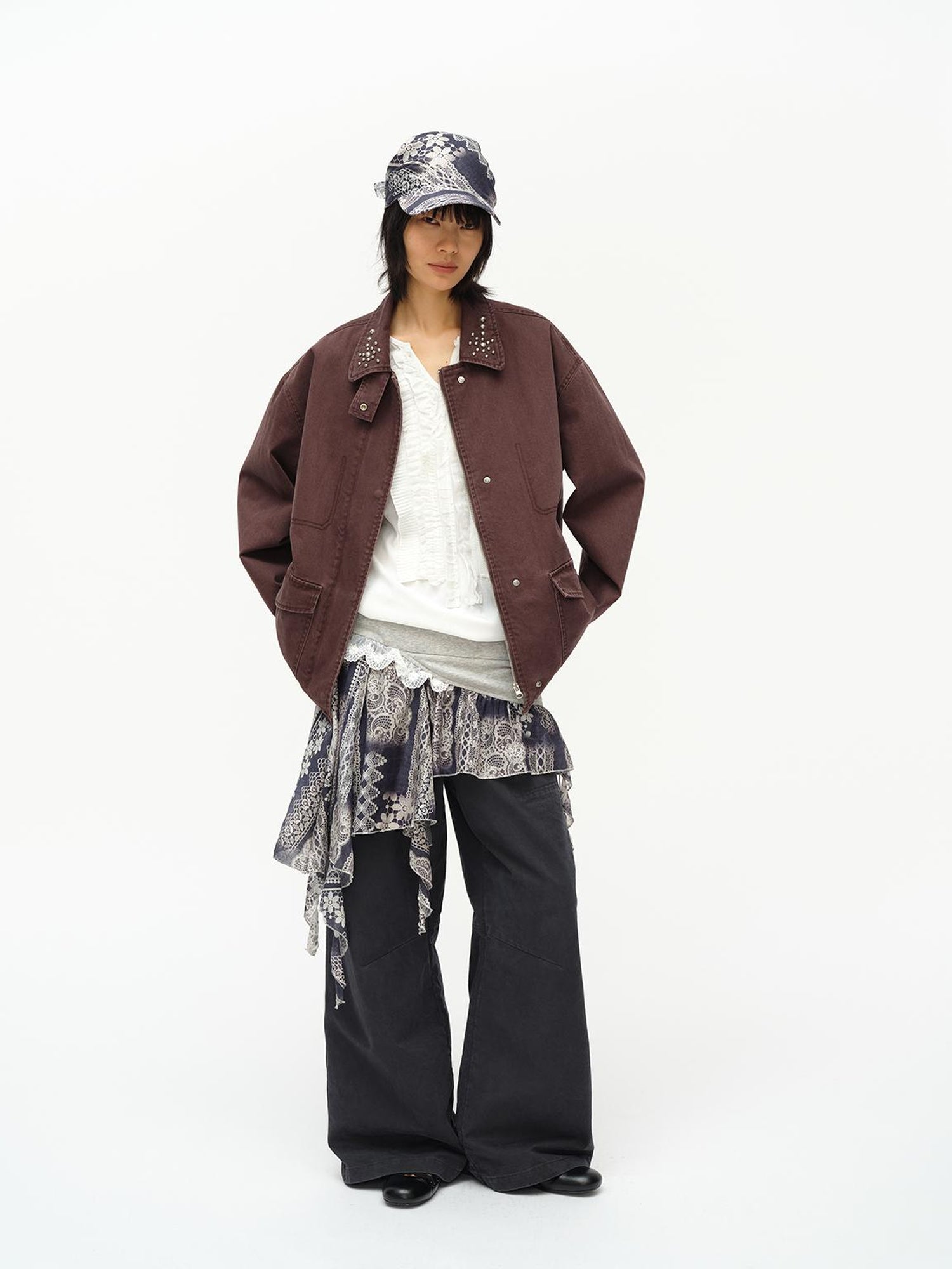 oinimi Vintage Washed Workwear Jacket With Chest Patches