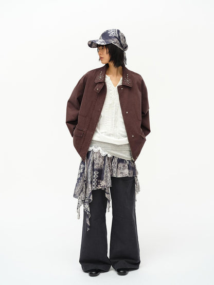 oinimi Vintage Washed Workwear Jacket With Chest Patches