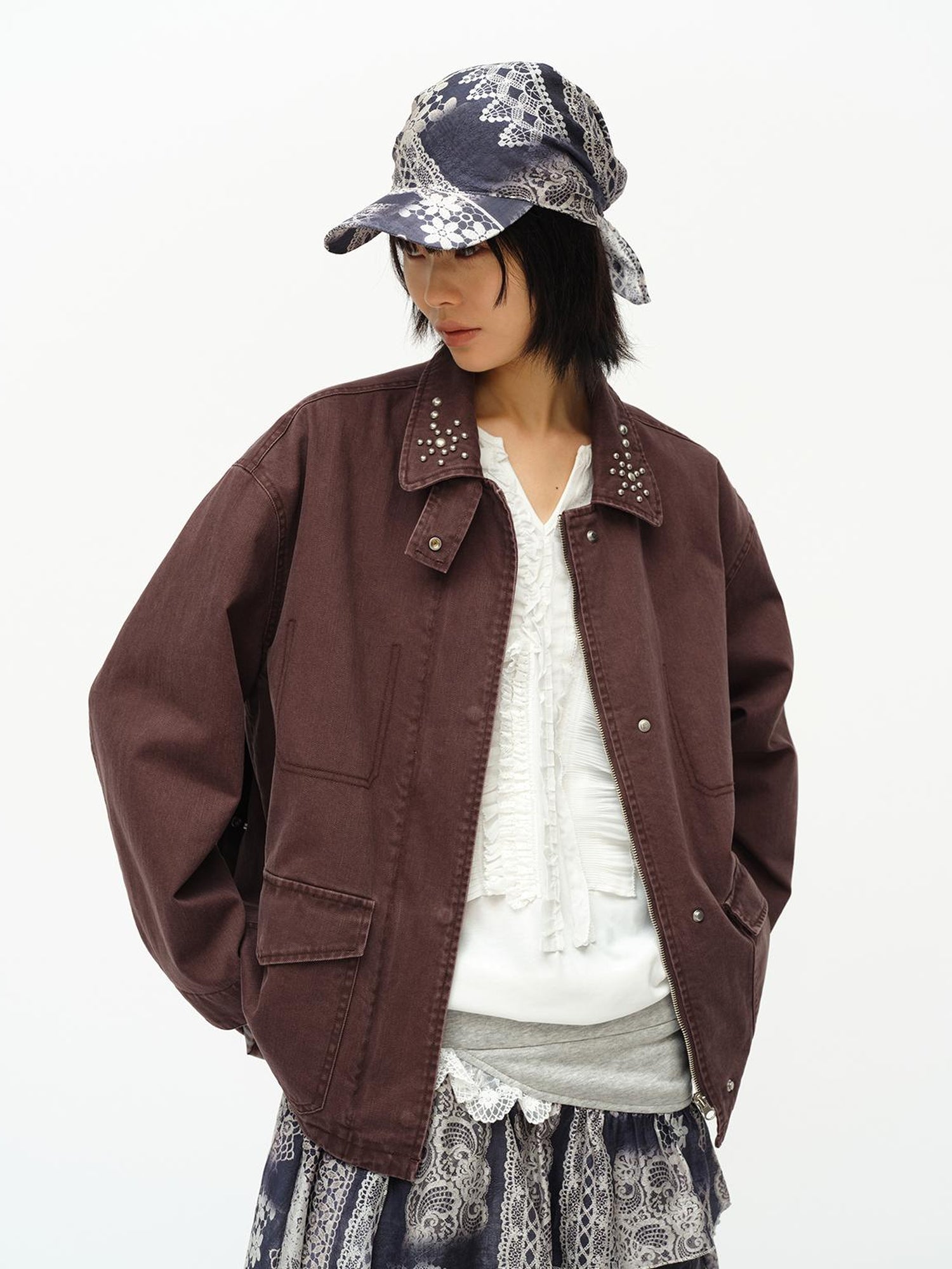 oinimi Vintage Washed Workwear Jacket With Chest Patches