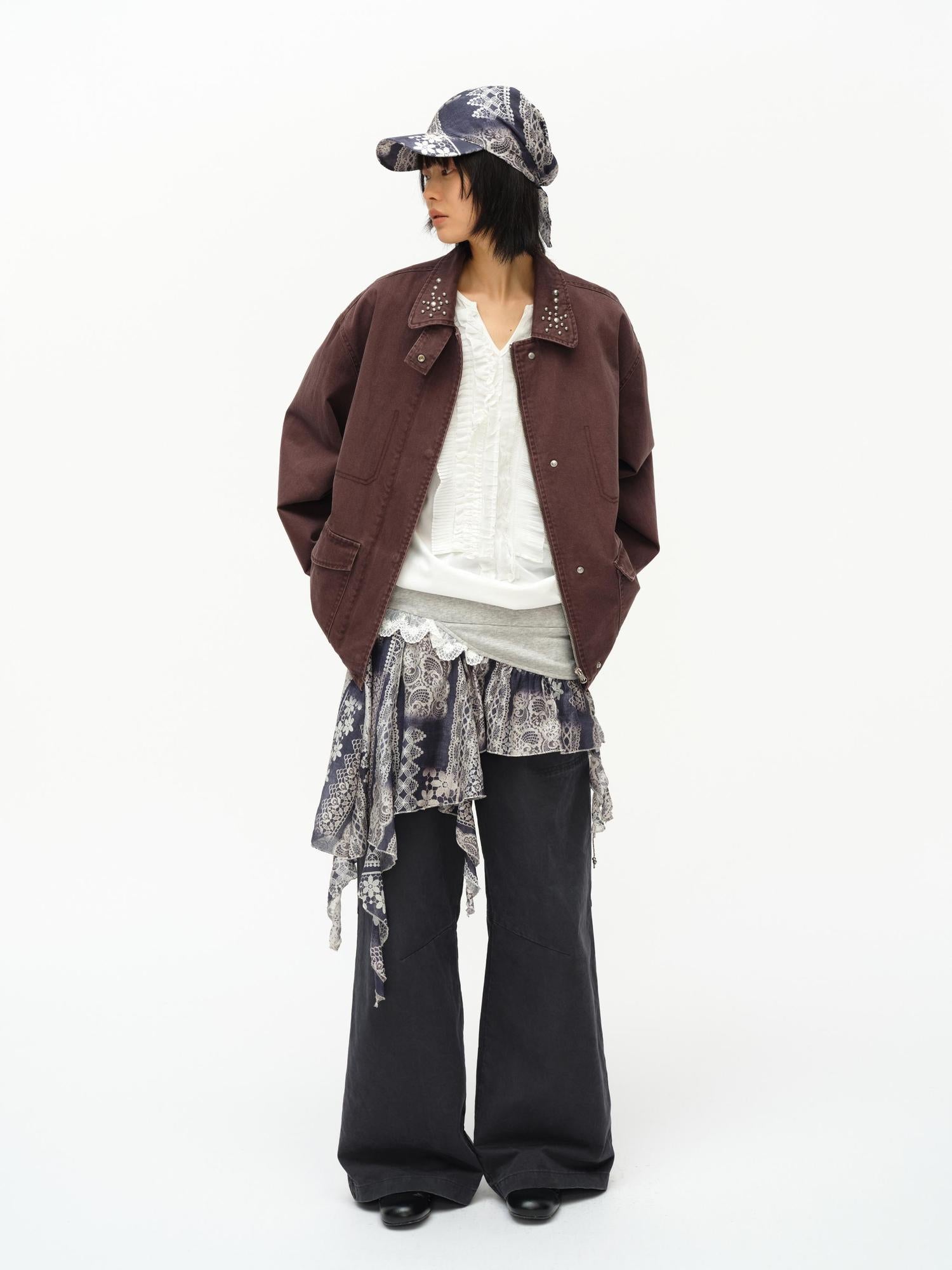 oinimi Vintage Washed Workwear Jacket With Chest Patches