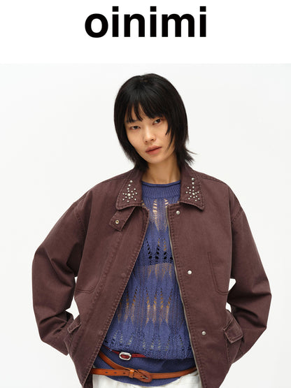 oinimi Vintage Washed Workwear Jacket With Chest Patches